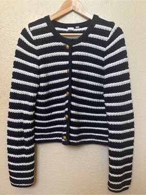 Gap 100% Cotton Striped Cardigan Gold Buttons Navy White Boxy